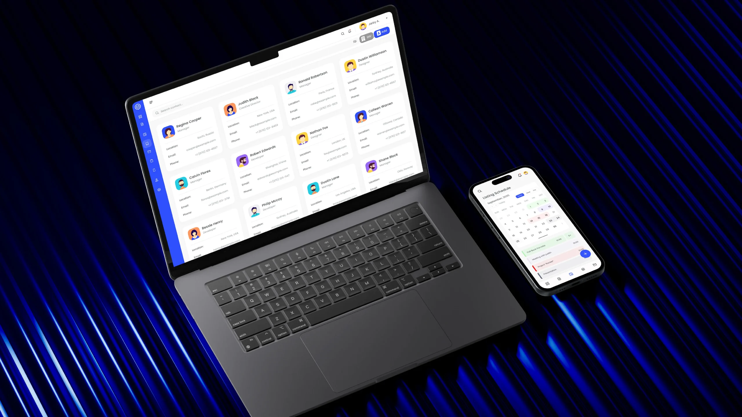 Two APSONE screens side by side. A laptop shows the calendar "Lining Schedule" in month view with color-coded events; a hand-held tablet shows the Overview dashboard with user, contact, and project metrics, a forms activity chart, active users, and a "Devices Registered" panel.