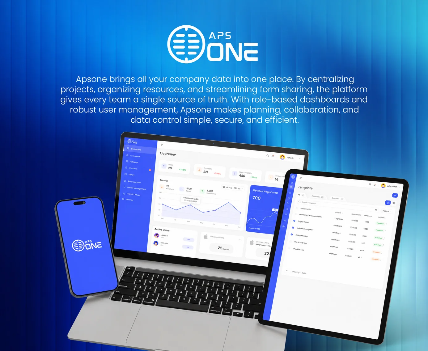 APSONE business management platform shown on a laptop, tablet, and smartphone. The laptop displays an Overview dashboard with user, form, and project metrics; the tablet shows a template management screen; the phone displays the APSONE logo on a blue background.