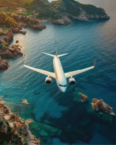 Passenger airplane flying over a coastal bay