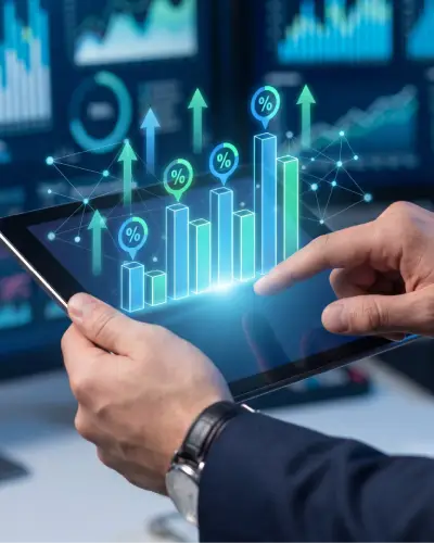 Hand using a tablet showing financial growth charts and analytics