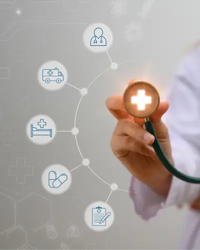 Doctor holding a stethoscope with connected medical service icons