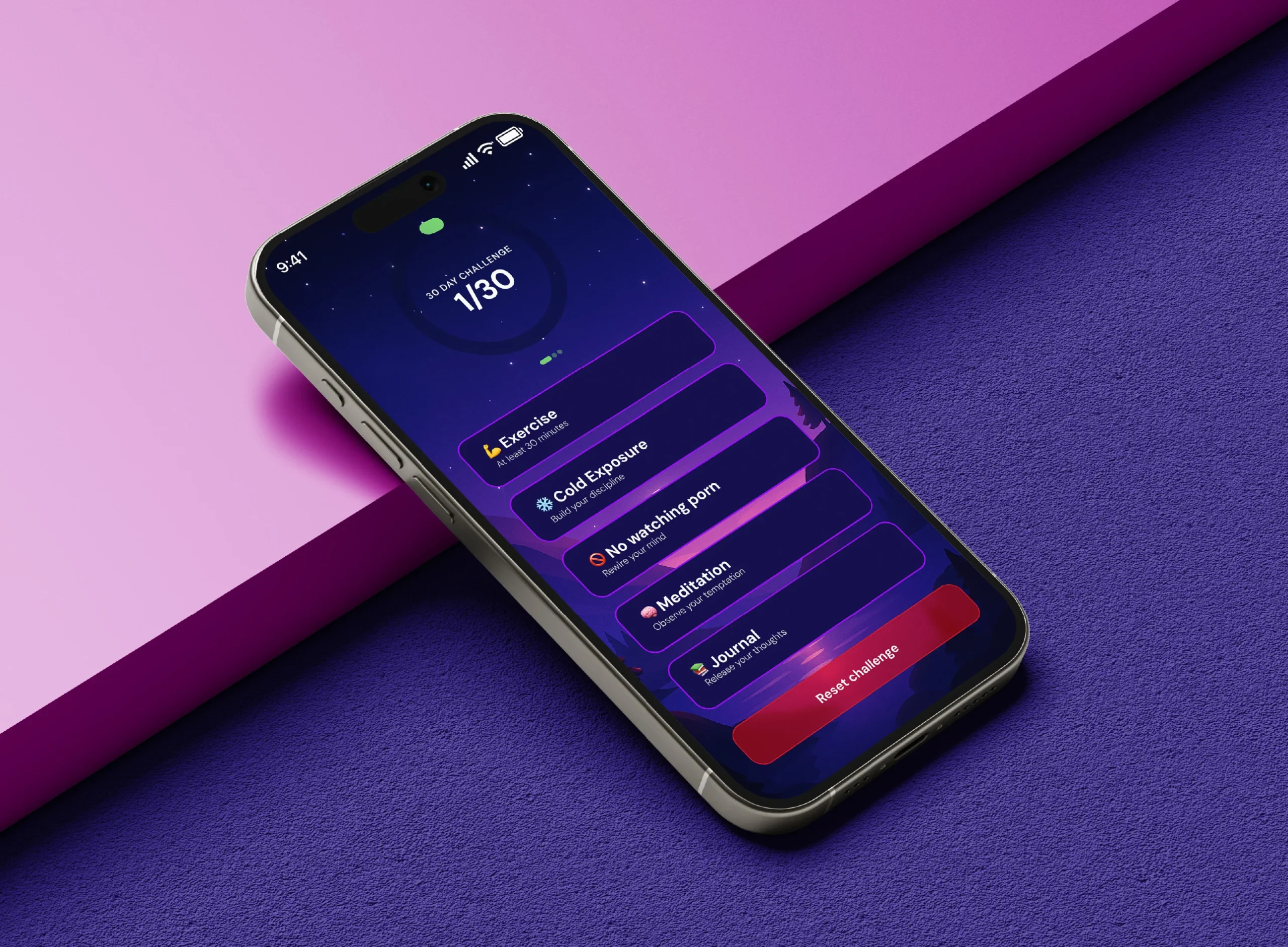 QUITTR 30-day challenge screen on iPhone showing daily habit goals like exercise, cold exposure, meditation, and journaling