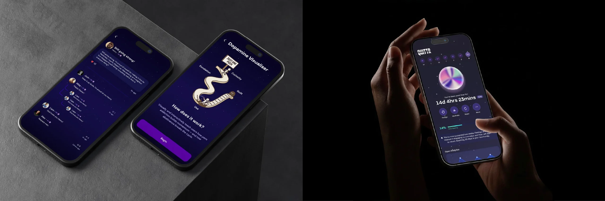 QUITTR app screens showing the community support feed, the Dopamine Visualiser learning tool, and the main streak tracker