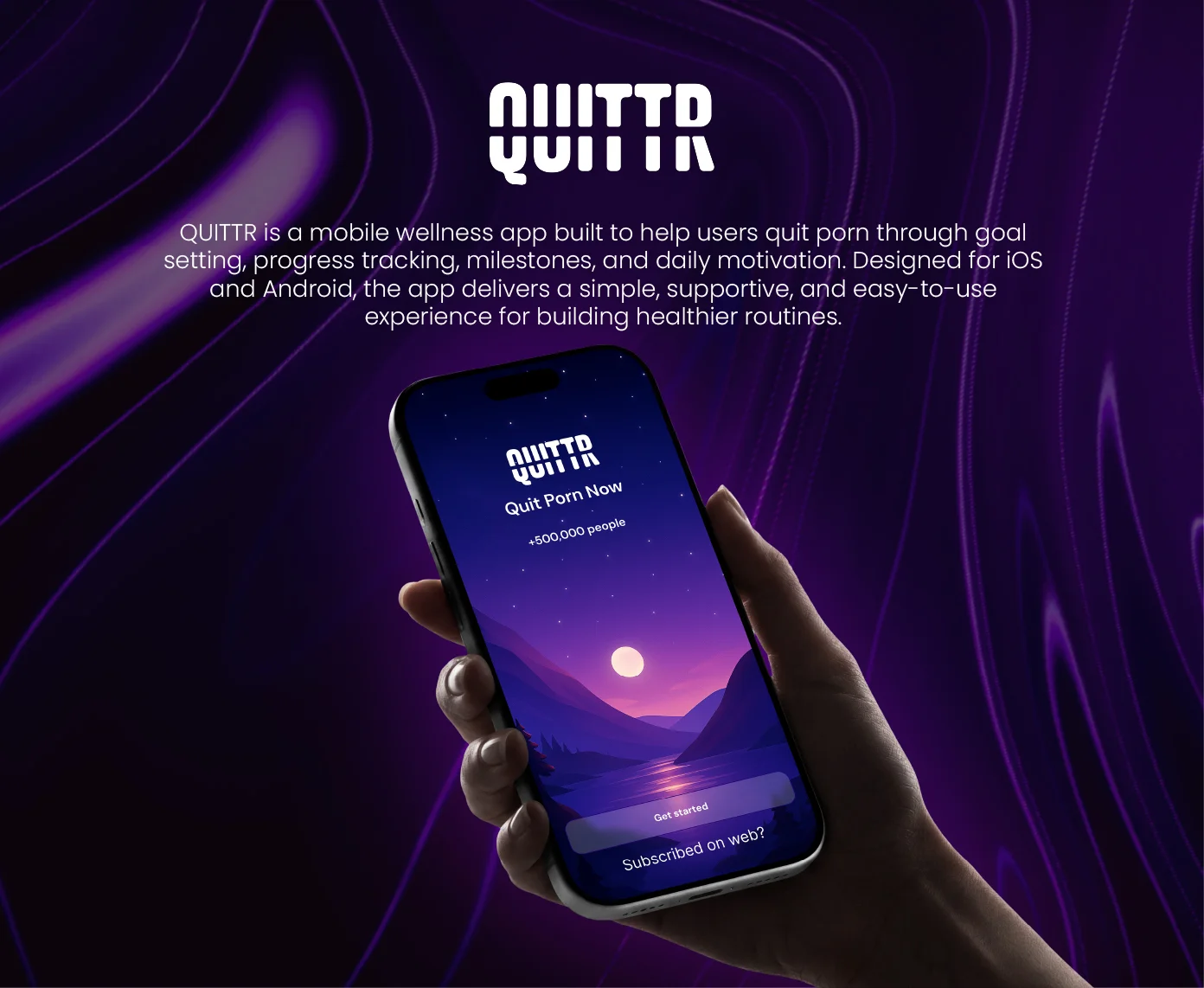 QUITTR wellness app development project by SoftwareOrbits, shown across multiple iPhone screens with the streak dashboard and tools